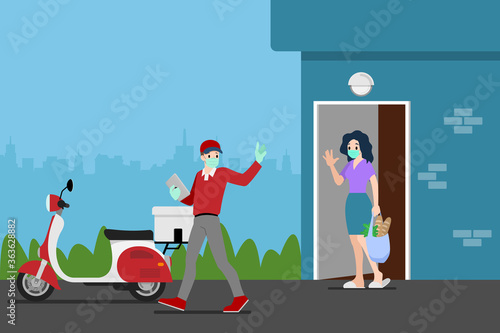 Safe at home delivery during coronavirus covid-19 crisis epidemic. A Man who wear mask and gloves delivering a product or goods to a woman customer and leaving them at a safe distance place.