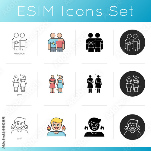 Human feelings and relationship icons set. Friendly affection, feeling of envy and lust. Linear, black and RGB color styles. Friendship, jealous behaviour and lewdness. Isolated vector illustrations