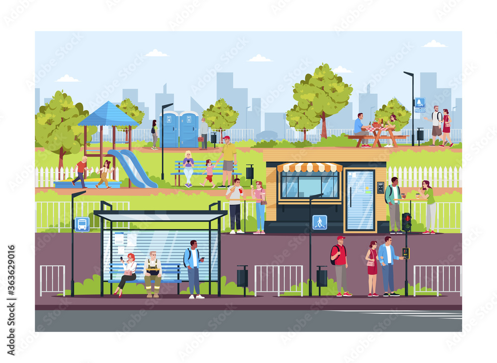 People resting in modern town semi flat vector illustration. Leisure in public places. Park with skyscrapers on background. City residents. 2D cartoon characters for commercial use