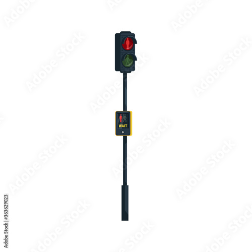 Traffic lights semi flat RGB color vector illustration. Stoplight and wait, walk button. Public modern technologies. Pedestrian crossing regulation. Isolated cartoon object on white background
