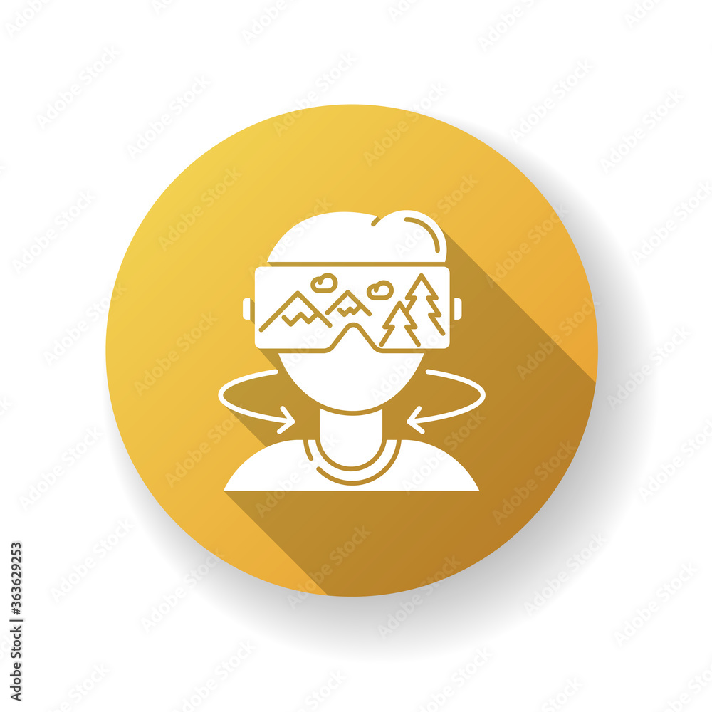 Virtual tourism yellow flat design long shadow glyph icon. Modern vacation, interactive digital tour simulation.. Immersive experience. Tourist in VR headset silhouette RGB color illustration Virtual tourism yellow flat design long shadow glyph icon. Modern vacation, interactive digital tour simulation.. Immersive experience. Tourist in VR headset silhouette RGB color illustration