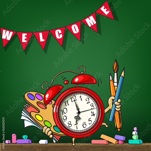 Cartoon alarm clock with school supplies on schoolboard background. Sketch style hand drawn vector illustration.
