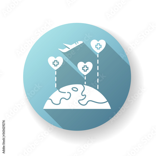 Medical tourism blue flat design long shadow glyph icon. International wellness tour. Visiting sanatorium and healthcare resorts. Health improving journey. Silhouette RGB color illustration