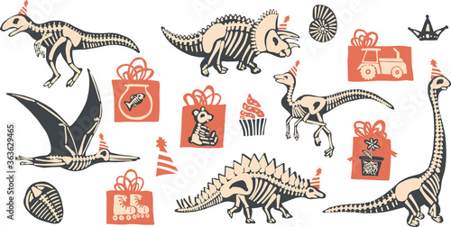X-Ray Dino Skeleton Party, X-Ray gifts vector clipart set hand drawn illustrations
