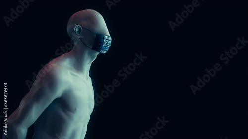 S[L]AVE ::: divergente Person mit bedruckter Atemschutzmaske | Konzept: Kritik an Maskenpflicht in der Covid-19-Pandemie / ID2020 / Meinungsfreiheit | 3D Render Illustration