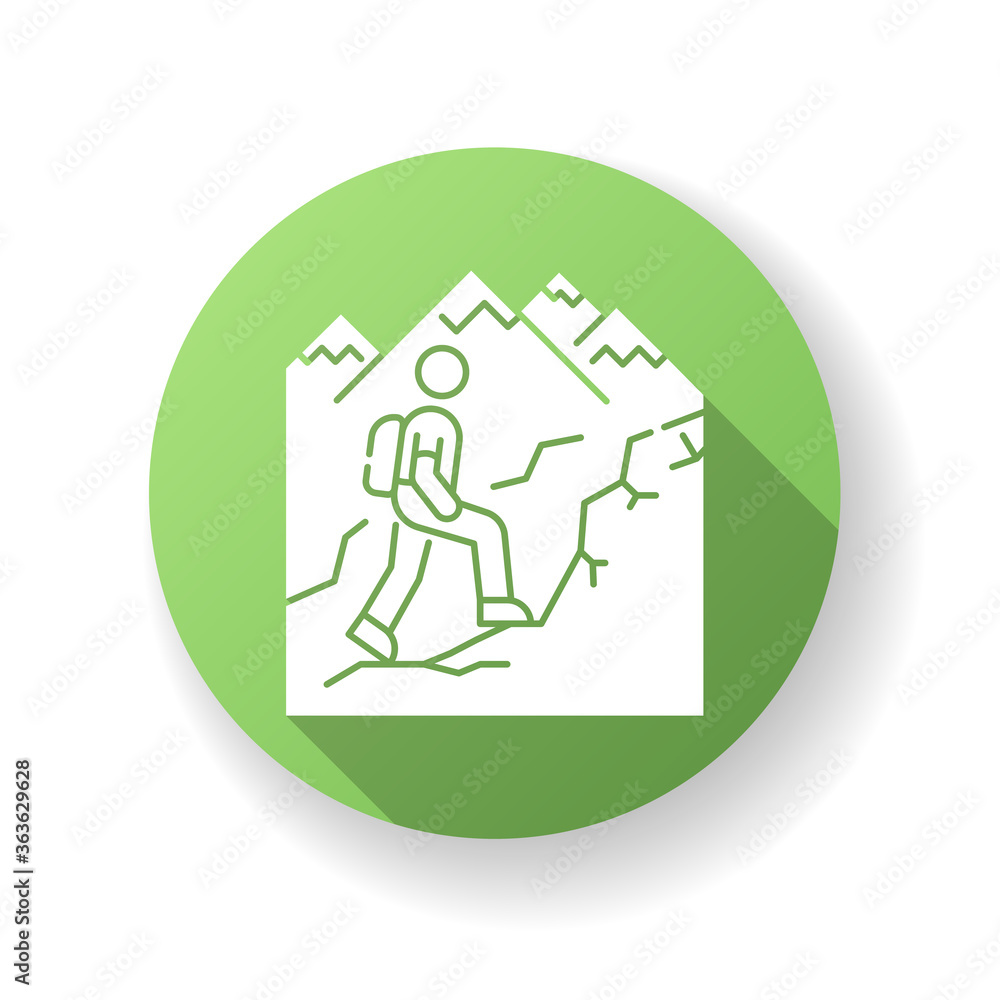 Trekking green flat design long shadow glyph icon. Nature tourism, backpacking. Outdoor recreational activity, challenging hiking trail. Tourist with backpack. Silhouette RGB color illustration Trekking green flat design long shadow glyph icon. Nature tourism, backpacking. Outdoor recreational activity, challenging hiking trail. Tourist with backpack. Silhouette RGB color illustration
