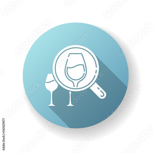 Enotourism blue flat design long shadow glyph icon. Wine tasting tours, winemaking. Alcohol drinks degustation on vacation. Wineglasses under magnifying glass silhouette RGB color illustration