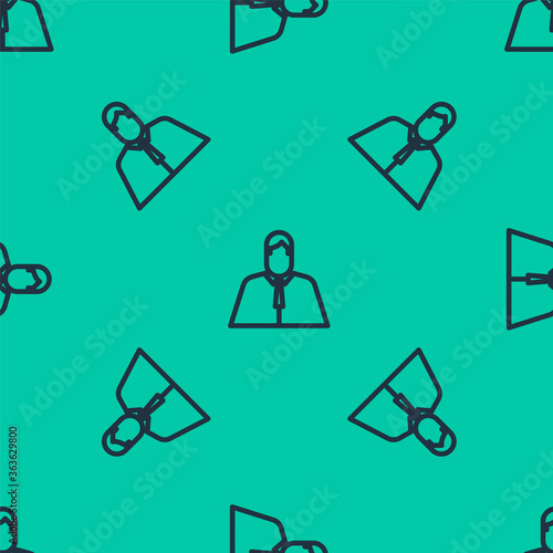 Blue line Lawyer, attorney, jurist icon isolated seamless pattern on green background. Jurisprudence, law or court icon. Vector Illustration.