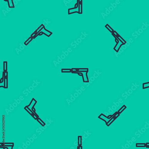 Blue line Pistol or gun with silencer icon isolated seamless pattern on green background. Vector Illustration.
