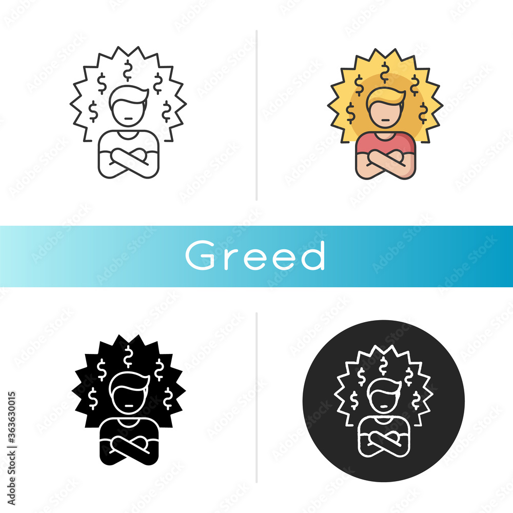 Greed icon. Bad personal trait, negative quality,. Linear black and RGB color styles. Feeling of avarice, lust for money. Greedy businessman, corrupted person isolated vector illustrations