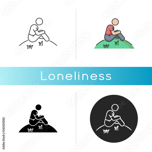 Loneliness icon. Human feeling, melancholy, emotional stress, depression. Linear black and RGB color styles. Mental state, psychological problem. Lonely person isolated vector illustrations