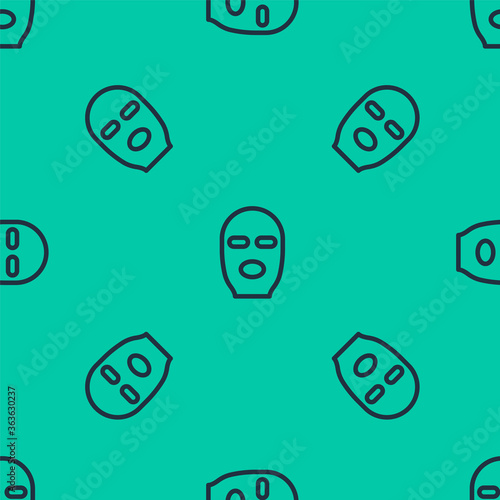 Blue line Thief mask icon isolated seamless pattern on green background. Bandit mask, criminal man. Vector Illustration.