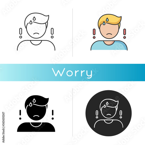 Worry icon. Emotional stress, anxiety. Linear black and RGB color styles. Concerned, nervous mental state. Bad feeling, trouble reaction. Worried, anxious person isolated vector illustrations