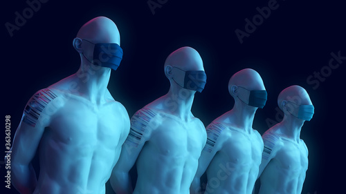 Fotografie S[L]AVE ::: divergente Personen mit Atemschutzmaske und SLAVE-Tattoo auf dem A