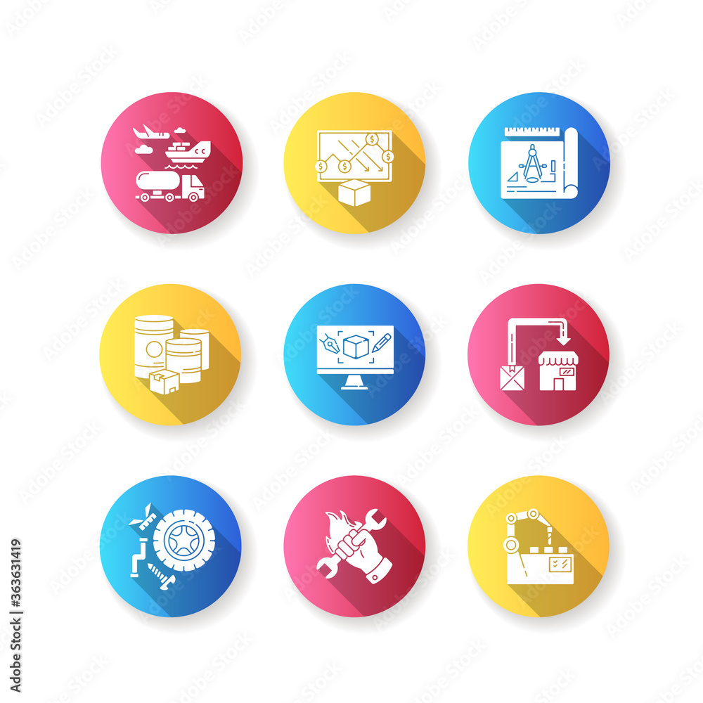 Manufacturing process flat design long shadow glyph icons set. Industrial production line, factory. Automated and organized product development process. Silhouette RGB color illustration