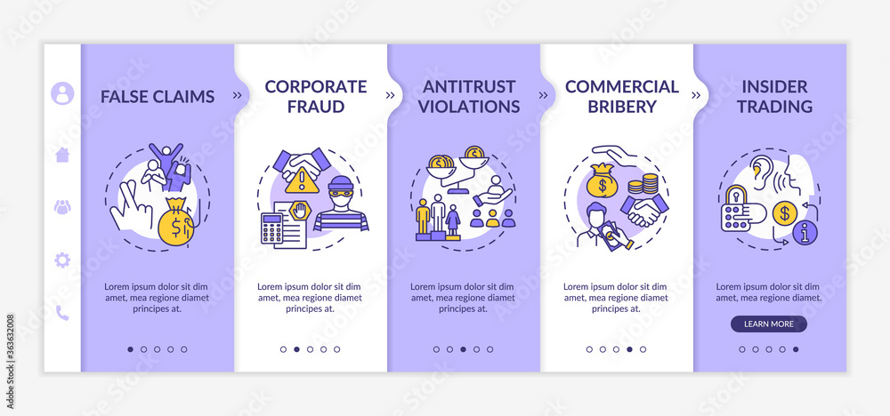 Common corporate crimes onboarding vector template. Insider trading and corporate frauds. Legal entity. Responsive mobile website with icons. Webpage walkthrough step screens. RGB color concept
