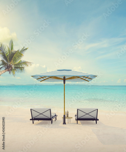 Fototapeta Naklejka Na Ścianę i Meble -  Beautiful tropical sunset scenery, two sun beds, White sand, sea view with horizon, colorful twilight sky, calmness and relaxation. Inspirational beach resort hotel landscapet,Vintage tone concept ,3d