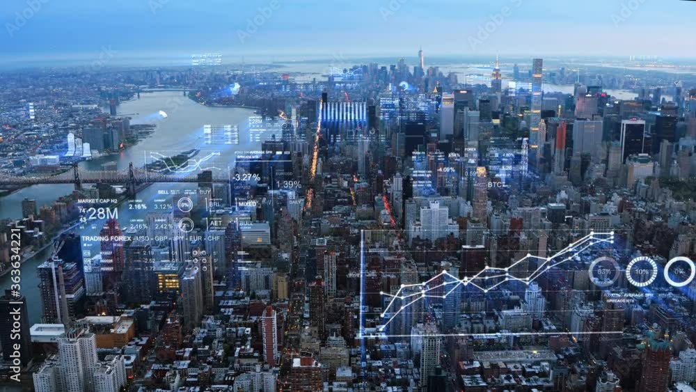 Financial charts and data in New York. Aerial view of midtown Manhattan