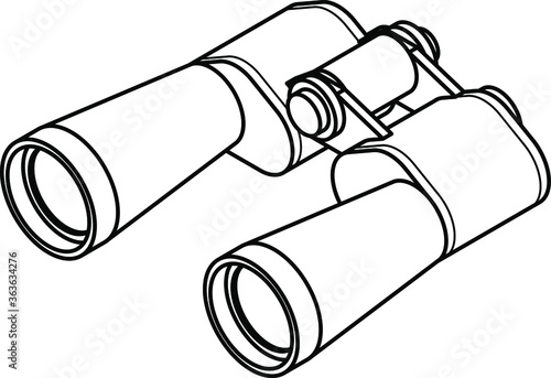 A pair of long-barrelled binoculars / field glasses. Line art.