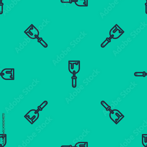 Blue line Putty knife icon isolated seamless pattern on green background. Spatula repair tool. Spackling or paint instruments. Vector Illustration.