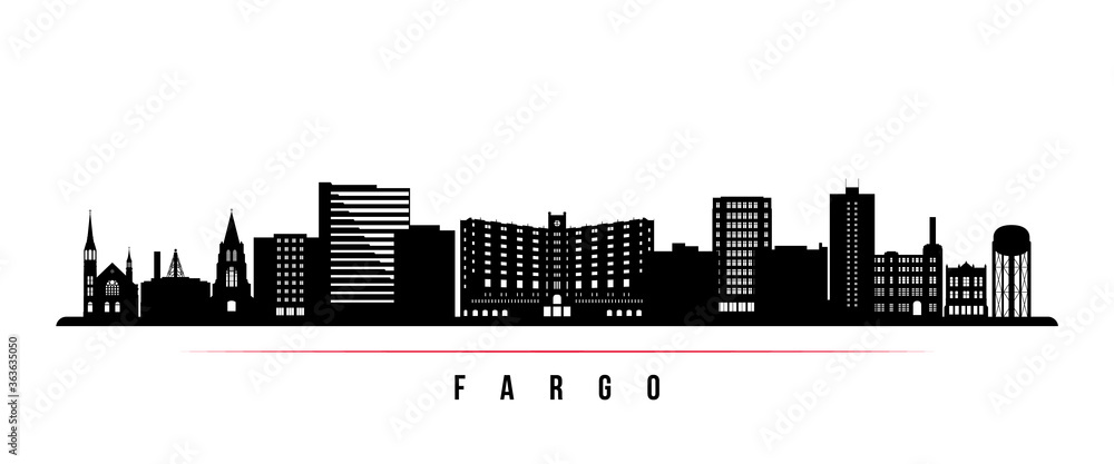 Fargo skyline horizontal banner. Black and white silhouette of Fargo, North Dakota. Vector template for your design.