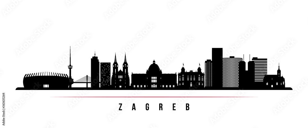 Zagreb skyline horizontal banner. Black and white silhouette of Zagreb, Croatia. Vector template for your design.
