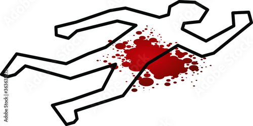 Crime scene outline of a body on the ground with a blood spatter.