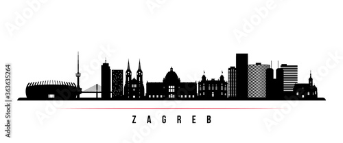 Zagreb skyline horizontal banner. Black and white silhouette of Zagreb, Croatia. Vector template for your design.