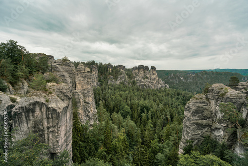 Sandstone Bastei rocks at Saxon Switzerland National Park in Germany.