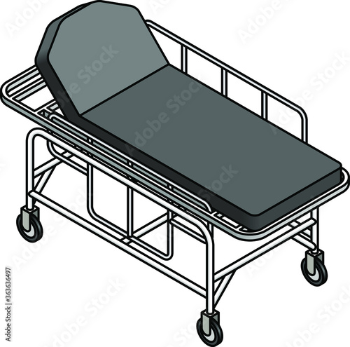 A hospital gurney / bed with wheels and railings. Mattress is in raised / inclined position.
