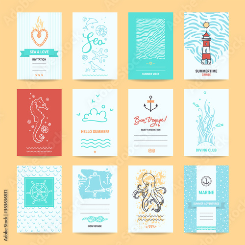 Hello summer holiday, sea vacation, marine trip card, wedding invitation, beach party flyer, poster template. Artistic collection of summertime traveling hand drawn design symbols and illustration.