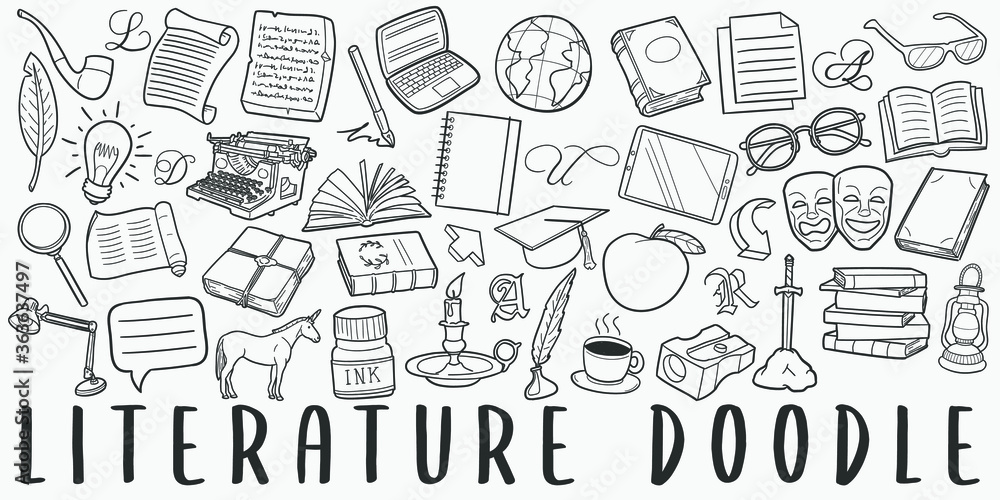 Literature Doodle Line Art Illustration. Hand Drawn Vector Clip Art. Banner Set Logos. Literature Doodle Line Art Illustration. Hand Drawn Vector Clip Art. Banner Set Logos.