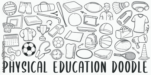 Physical Education Doodle Line Art Illustration. Hand Drawn Vector Clip Art. Banner Set Logos.