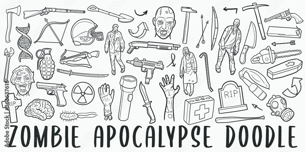 Obraz premium Zombie Apocalypse Doodle Line Art Illustration. Hand Drawn Vector Clip Art. Banner Set Logos.