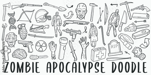 Zombie Apocalypse Doodle Line Art Illustration. Hand Drawn Vector Clip Art. Banner Set Logos.