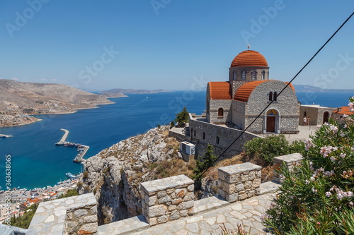 Monastery of Agios Savvas located on top of a hill above Pothia Town, the capital of Kalymnos, Dodecanese, Greece