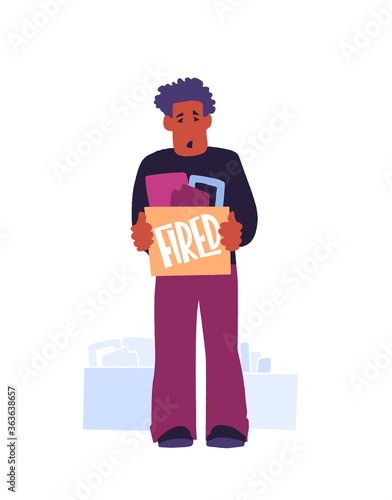 Unemployed man with box of belongings. Employee got fired.