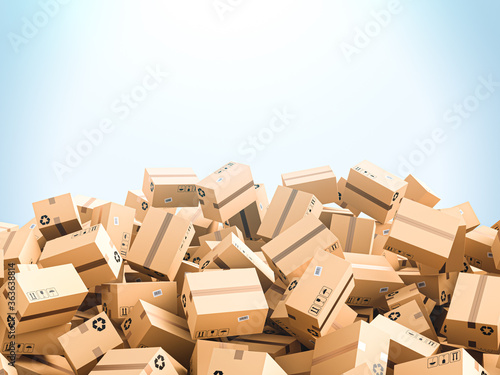 Cardboard boxes on blue background with empty space on top, logistics and delivery concept. 3D Rendering