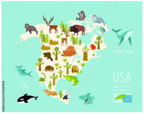 Vector map of America with animals. Cartoon wild animals. Poster for children. Training. Education. Wallpaper for children. Medvel  deer  beaver  coyote  turtle  armadillo  whale 