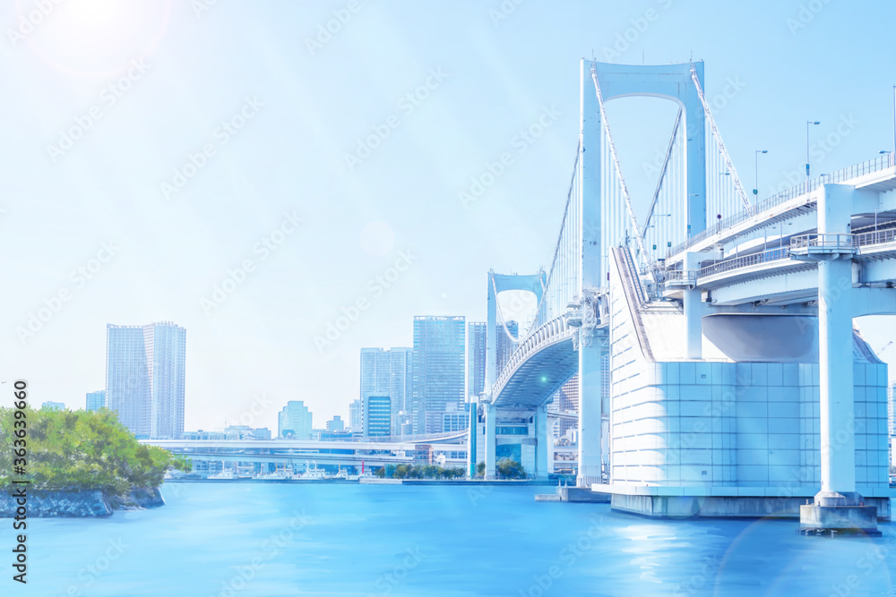 レインボーブリッジと高層マンションのアニメ風景 Stock Illustration Adobe Stock