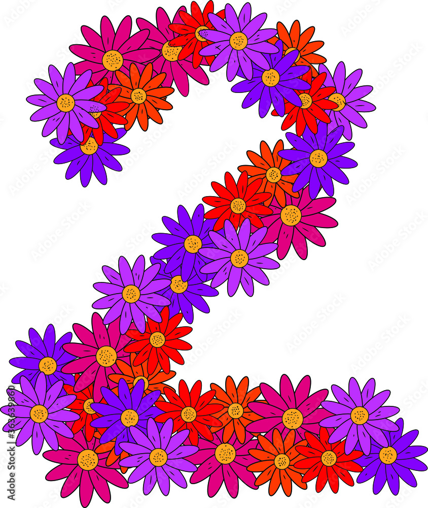 Flower font. Arabic numeral 2. Lots of colorful flower heads. Inflorescence. Bright petals. Purple, pink, red, orange. Romantic summer lettering. Score, math