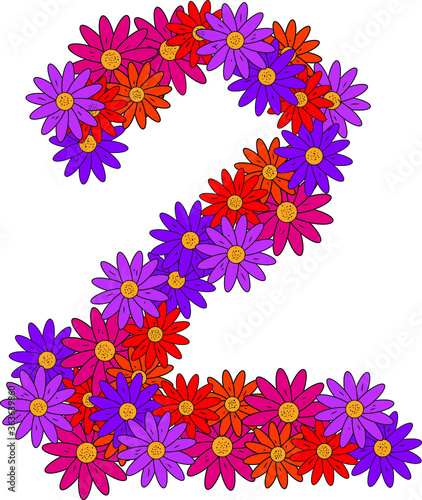 Flower font. Arabic numeral 2. Lots of colorful flower heads. Inflorescence. Bright petals. Purple, pink, red, orange. Romantic summer lettering. Score, math © kroshanosha