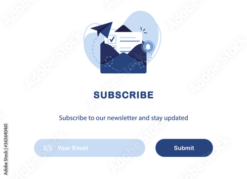 Vector banner of email marketing. Subscription to newsletter, news, offers, promotions. A letter in an envelope. Buttons template. Subscribe, submit. Send by mail. Follow me. Blue. Eps 10