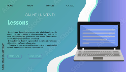 Vector illustration of a website for distance learning, online education and work. A flat illustration of the main page of the mobile app with a stack of books, a Cup of coffee, and a laptop for