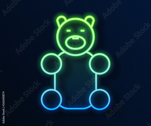 Glowing neon line Jelly bear candy icon isolated on blue background. Vector.