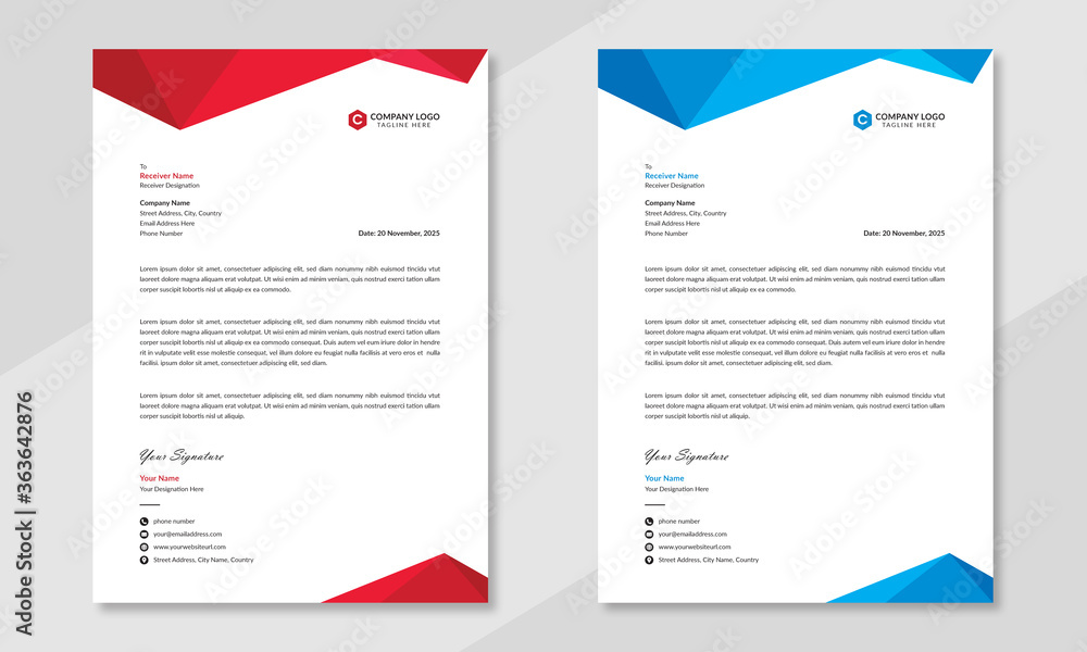 Professional business letterhead design in red & blue for corporate office.  Vector design illustration. Simple & creative modern corporate letterhead  template in a4 size. Stock Vector | Adobe Stock