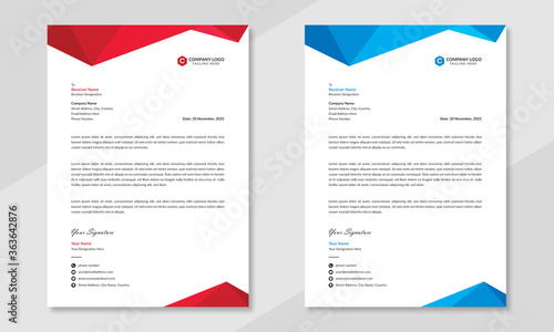 Professional business letterhead design in red & blue for corporate office. Vector design illustration. Simple & creative modern corporate letterhead template in a4 size.