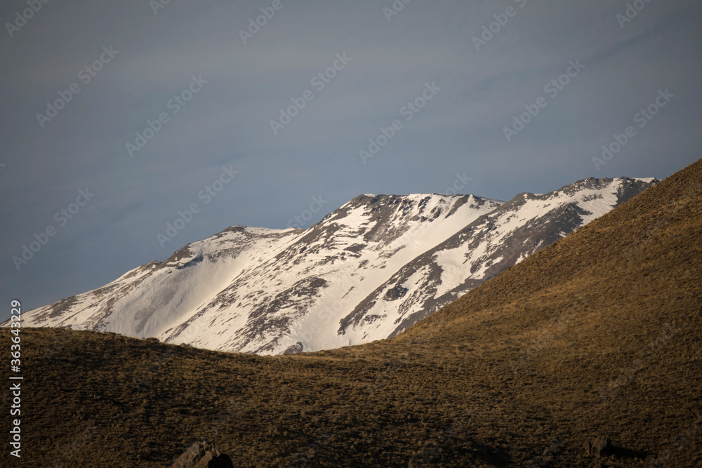 Snow in the mountain summit. Closeup view of the peak of Volcano Domuyo and the golden grassland. 