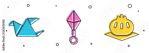 Set Origami bird, Japanese ninja shuriken and Khinkali on cutting board icon. Vector.