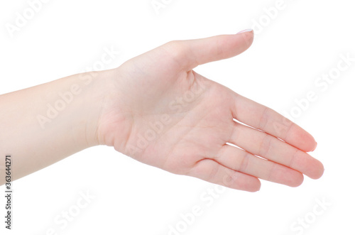 Woman hand handshake on white background isolation